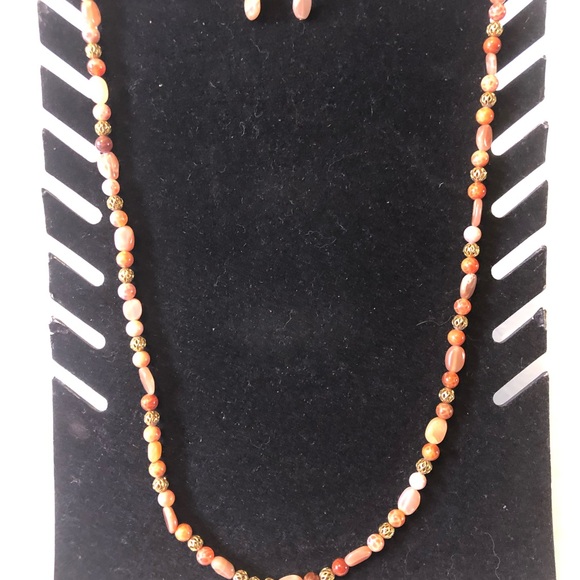 Peach Moonstone & Crab Fire Agate necklace and earrings. 34.5” long. - Picture 1 of 5